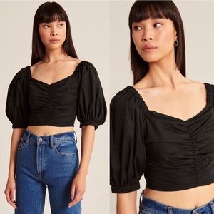 Abercrombie & Fitch Cinched Poplin Puff Sleeve Black Blouse NWOT
